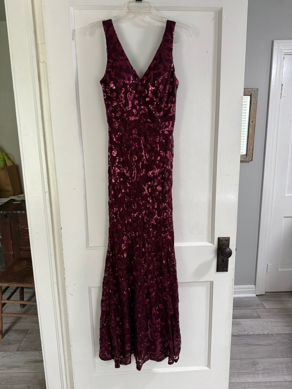 City Triangles Deep Burgundy Sequin V-Neck Prom Gown